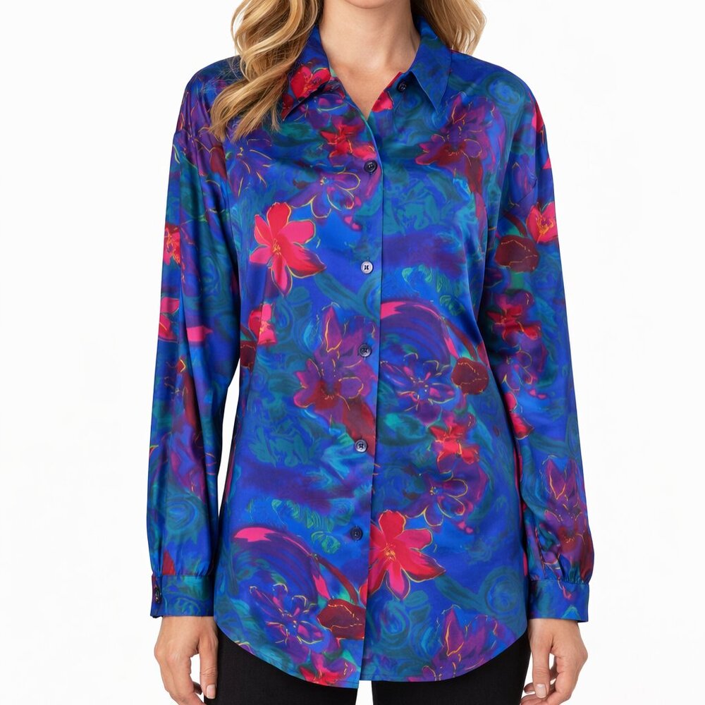Vtg Impressions of California Floral Button Up Blouse 90s Silky Royal Blue Pink
